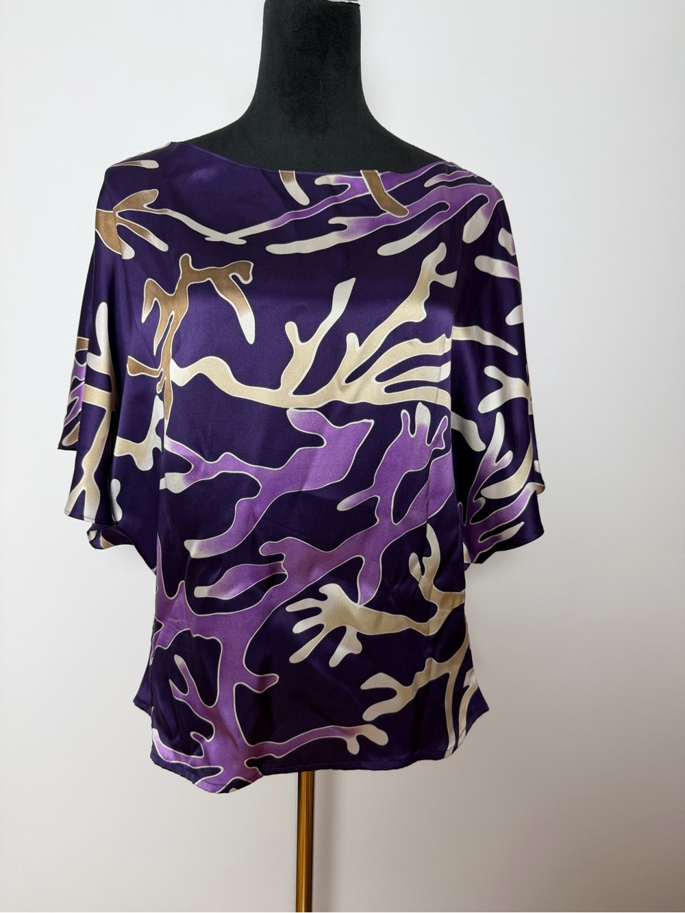 Mack and Mack 100% Silk Abstract Purple Boatneck Blouse w/ Cream Accents Size M